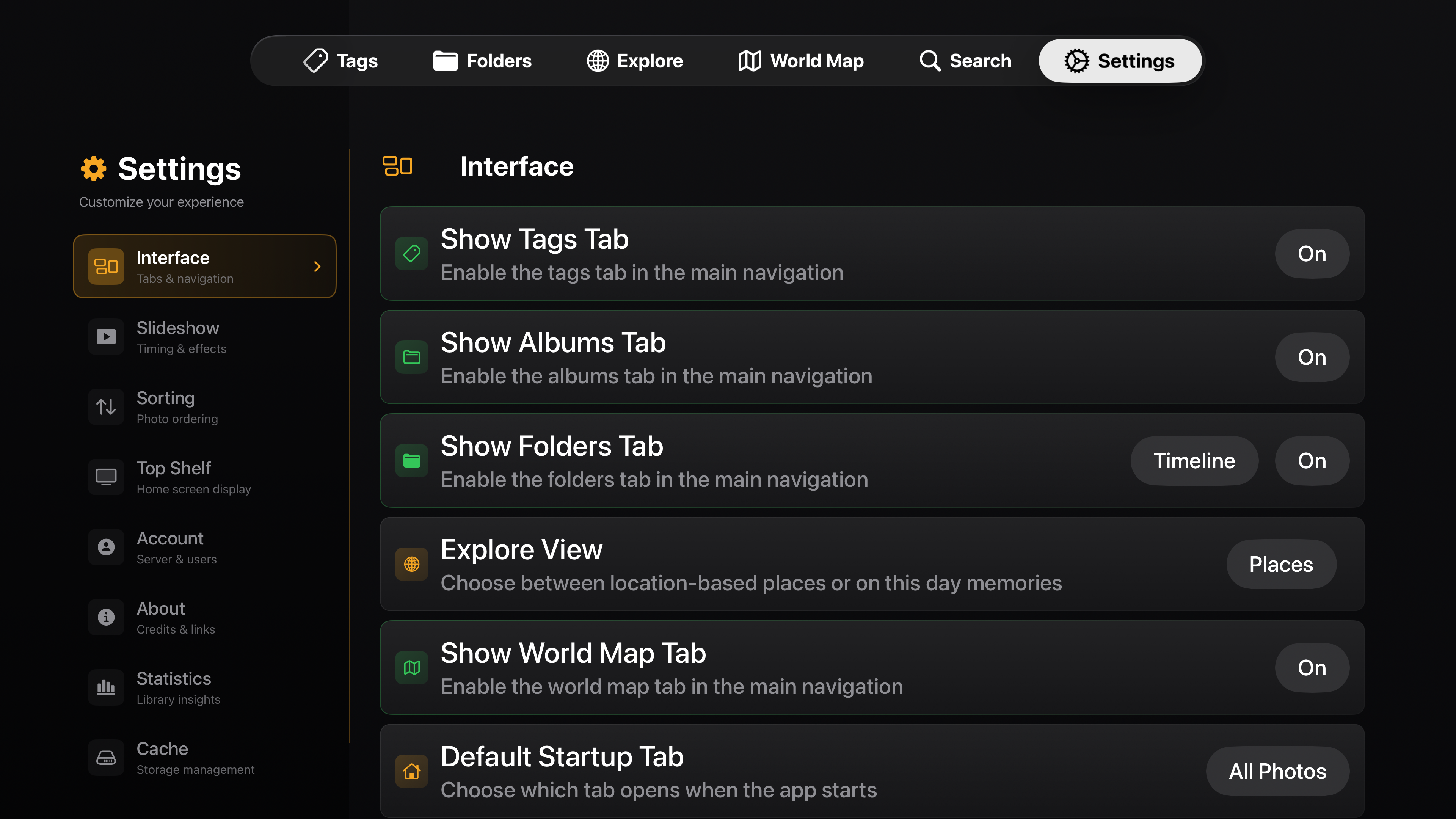 Customizable settings and preferences